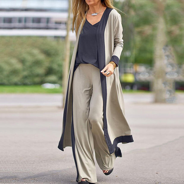 Conjunto de cárdigan con bloques de color y pantalón recto de tres piezas