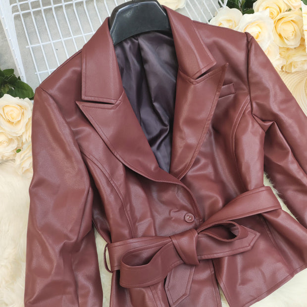 Chaqueta de traje pequeña con cordones y manga larga de color liso para mujer