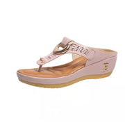 Sandalias de tiras para mujer, zapatos de cuña de tacón alto, chanclas, pantuflas decorativas de metal