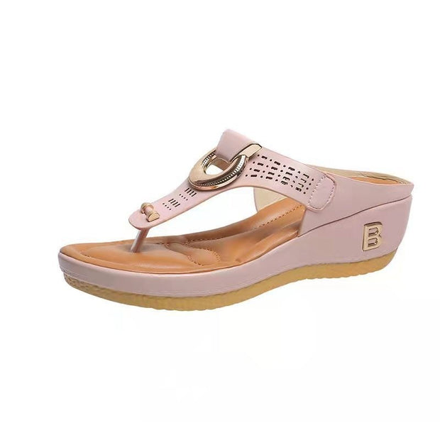 Sandalias de tiras para mujer, zapatos de cuña de tacón alto, chanclas, pantuflas decorativas de metal