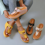 Sandalias de tiras para mujer, zapatos de cuña de tacón alto, chanclas, pantuflas decorativas de metal