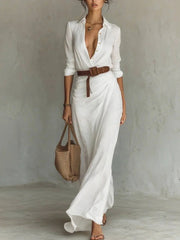 Vestido largo irregular con cinturón, elegante y a la moda, con solapa y botones, de manga larga, ideal para ir a la oficina a diario.