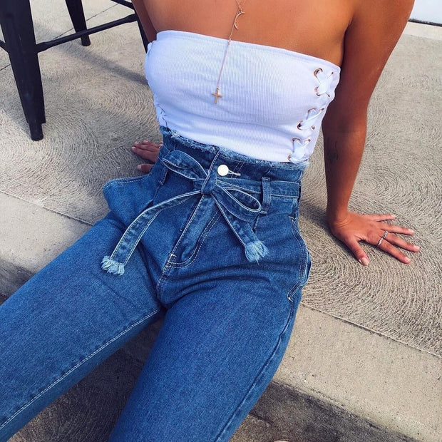 Vaqueros vintage de cintura alta con borlas y cargo gu para mujer, verano y otoño