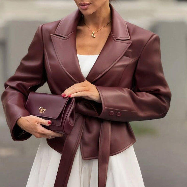 Chaqueta de traje pequeña con cordones y manga larga de color liso para mujer