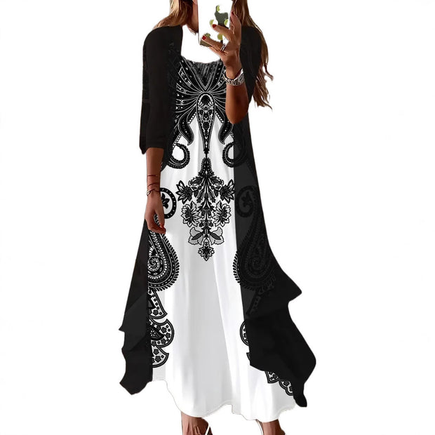 Vestido largo de dos piezas con estampado floral y mangas holgadas