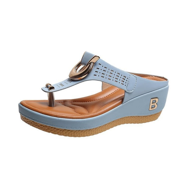 Sandalias de tiras para mujer, zapatos de cuña de tacón alto, chanclas, pantuflas decorativas de metal