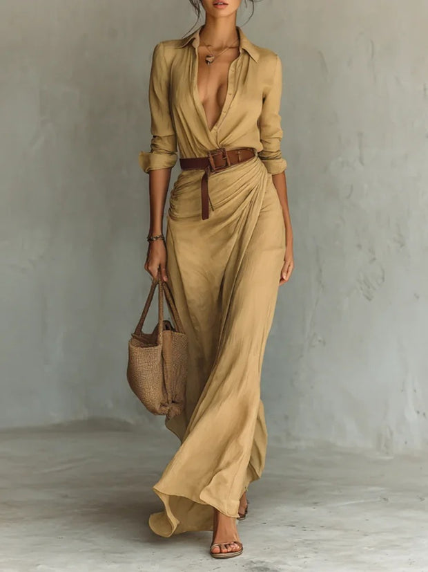 Vestido largo irregular con cinturón, elegante y a la moda, con solapa y botones, de manga larga, ideal para ir a la oficina a diario.