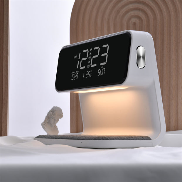 Lámpara de noche creativa 3 en 1 con carga inalámbrica y pantalla LCD, reloj despertador y cargador de teléfono inalámbrico.