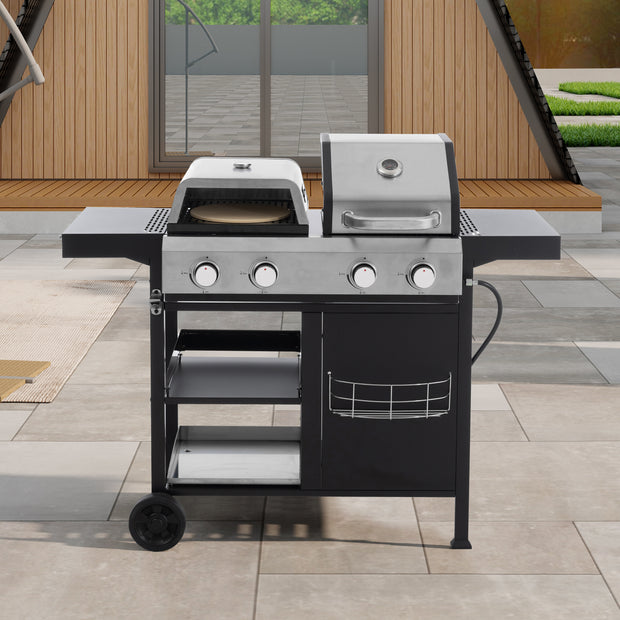 2+2 Combinación de parrilla de gas multifuncional y parrilla cubierta para cocinar al aire libre: barbacoa, barbacoa, pizza