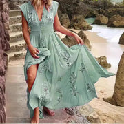 Nuevo vestido playero informal holgado de verano sin mangas con cuello en V y estampado bohemio con flecos y falda larga