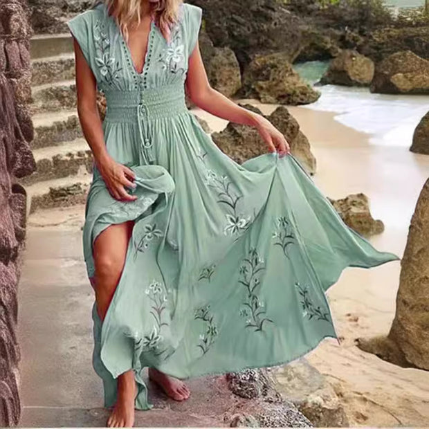 Nuevo vestido playero informal holgado de verano sin mangas con cuello en V y estampado bohemio con flecos y falda larga