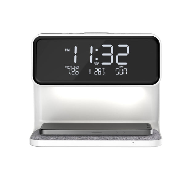Lámpara de noche creativa 3 en 1 con carga inalámbrica y pantalla LCD, reloj despertador y cargador de teléfono inalámbrico.