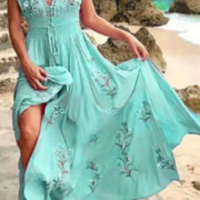 Nuevo vestido playero informal holgado de verano sin mangas con cuello en V y estampado bohemio con flecos y falda larga
