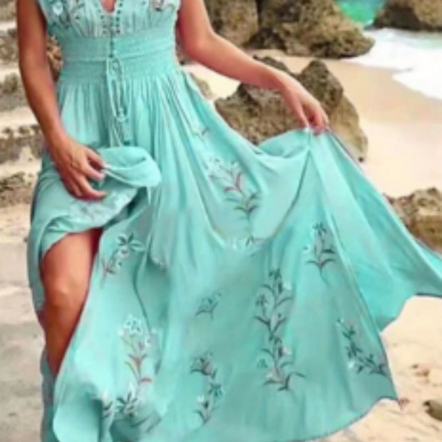 Nuevo vestido playero informal holgado de verano sin mangas con cuello en V y estampado bohemio con flecos y falda larga