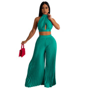 Conjunto de dos piezas de pantalón ancho plisado con efecto seda y cuello halter para mujer