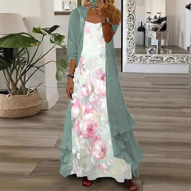 Vestido largo de dos piezas con estampado floral y mangas holgadas