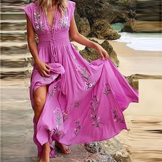 Nuevo vestido playero informal holgado de verano sin mangas con cuello en V y estampado bohemio con flecos y falda larga