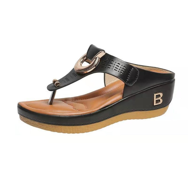 Sandalias de tiras para mujer, zapatos de cuña de tacón alto, chanclas, pantuflas decorativas de metal