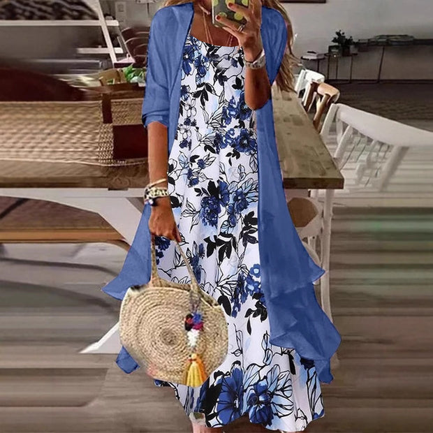 Vestido largo de dos piezas con estampado floral y mangas holgadas