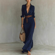 Vestido largo irregular con cinturón, elegante y a la moda, con solapa y botones, de manga larga, ideal para ir a la oficina a diario.