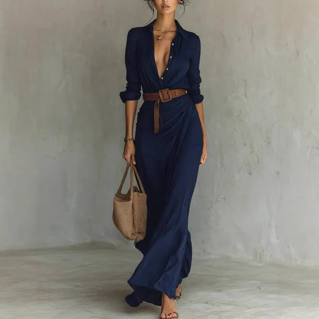 Vestido largo irregular con cinturón, elegante y a la moda, con solapa y botones, de manga larga, ideal para ir a la oficina a diario.
