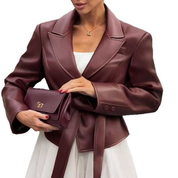 Chaqueta de traje pequeña con cordones y manga larga de color liso para mujer