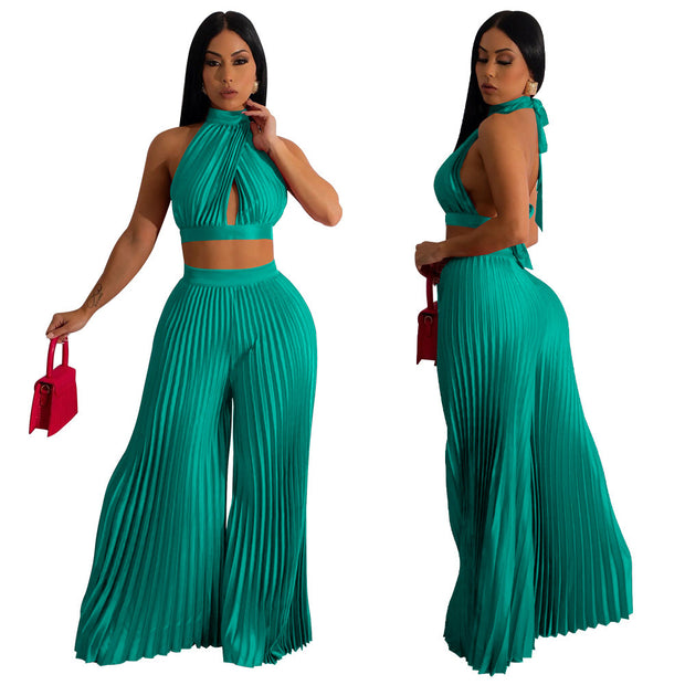 Conjunto de dos piezas de pantalón ancho plisado con efecto seda y cuello halter para mujer