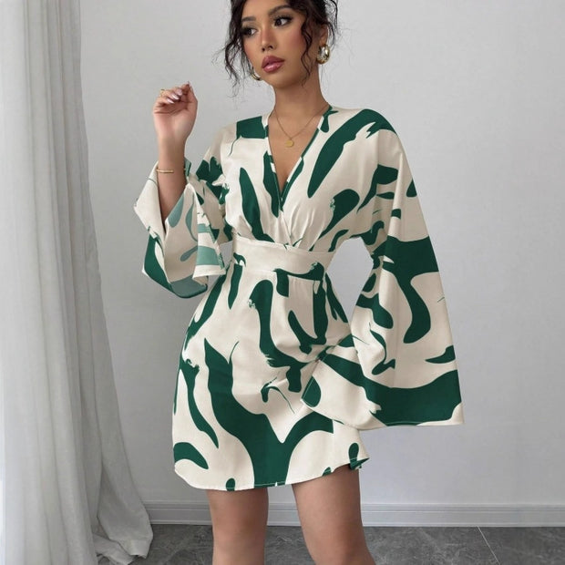 Nuevo vestido con escote en V, estampado abstracto, mangas acampanadas y cintura alta