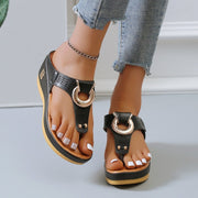 Sandalias de tiras para mujer, zapatos de cuña de tacón alto, chanclas, pantuflas decorativas de metal