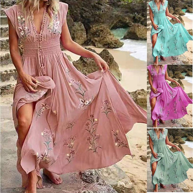 Nuevo vestido playero informal holgado de verano sin mangas con cuello en V y estampado bohemio con flecos y falda larga