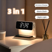 Lámpara de noche creativa 3 en 1 con carga inalámbrica y pantalla LCD, reloj despertador y cargador de teléfono inalámbrico.