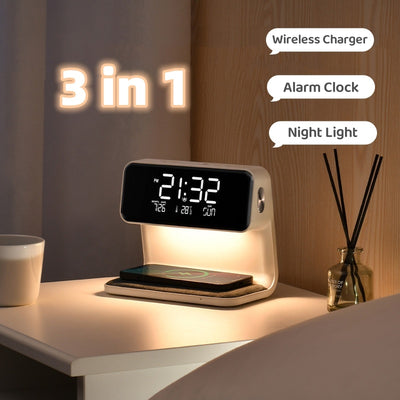 Lámpara de noche creativa 3 en 1 con carga inalámbrica y pantalla LCD, reloj despertador y cargador de teléfono inalámbrico.