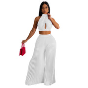 Conjunto de dos piezas de pantalón ancho plisado con efecto seda y cuello halter para mujer