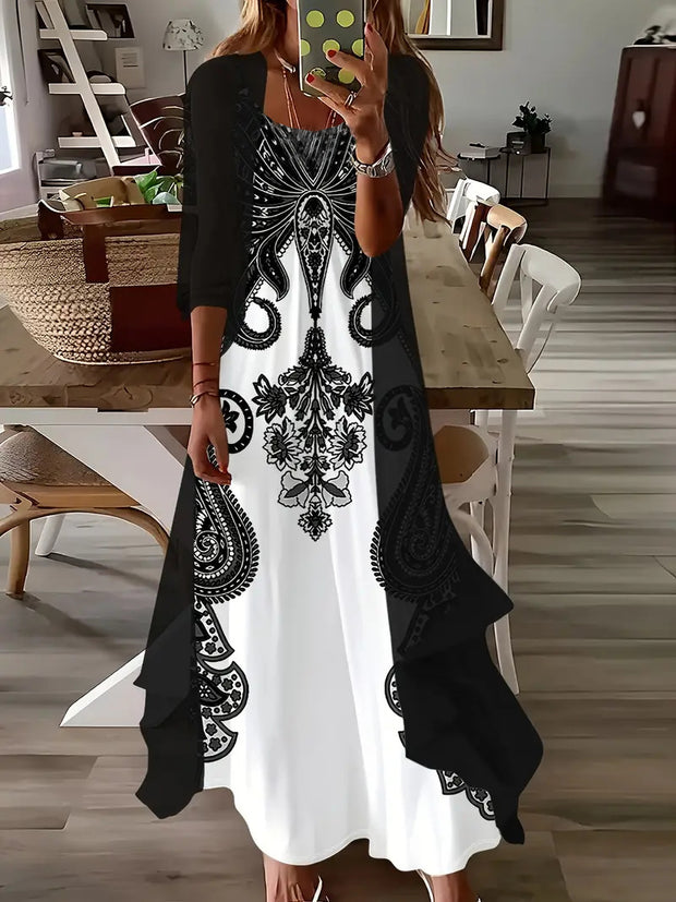 Vestido largo de dos piezas con estampado floral y mangas holgadas