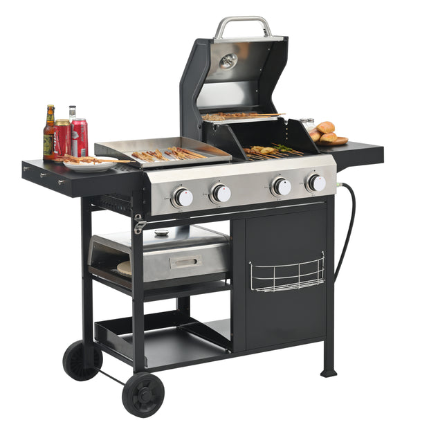 2+2 Combinación de parrilla de gas multifuncional y parrilla cubierta para cocinar al aire libre: barbacoa, barbacoa, pizza