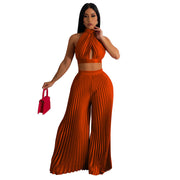 Conjunto de dos piezas de pantalón ancho plisado con efecto seda y cuello halter para mujer
