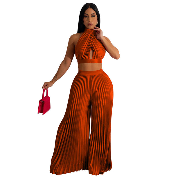 Conjunto de dos piezas de pantalón ancho plisado con efecto seda y cuello halter para mujer