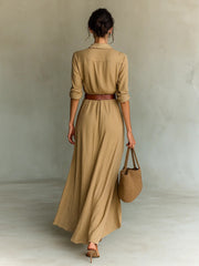 Vestido largo irregular con cinturón, elegante y a la moda, con solapa y botones, de manga larga, ideal para ir a la oficina a diario.
