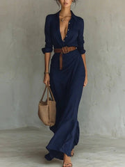 Vestido largo irregular con cinturón, elegante y a la moda, con solapa y botones, de manga larga, ideal para ir a la oficina a diario.