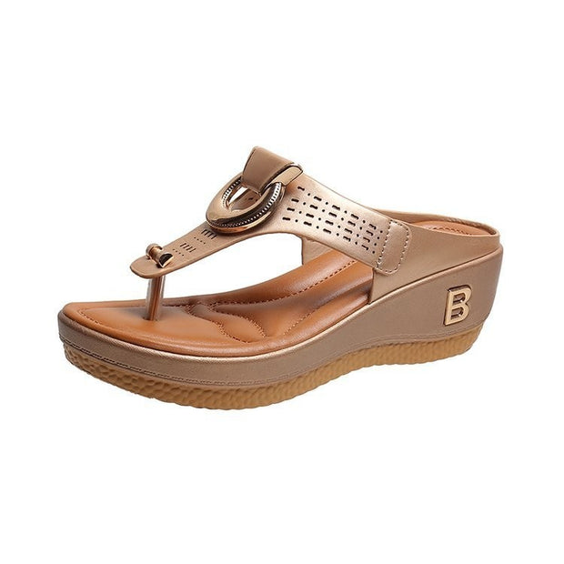 Sandalias de tiras para mujer, zapatos de cuña de tacón alto, chanclas, pantuflas decorativas de metal