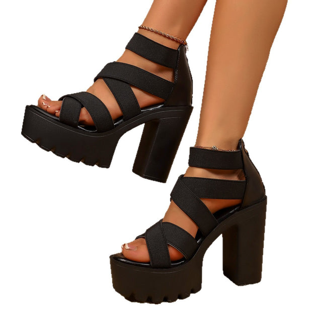 Sandalias de tacón alto con plataforma de PU y punta abierta de goma para mujer