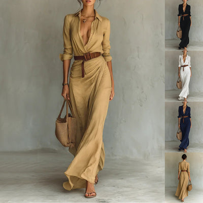 Vestido largo irregular con cinturón, elegante y a la moda, con solapa y botones, de manga larga, ideal para ir a la oficina a diario.