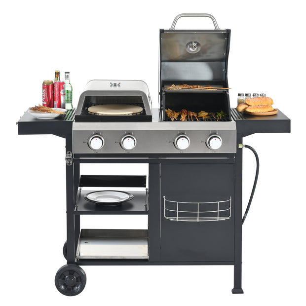 2+2 Combinación de parrilla de gas multifuncional y parrilla cubierta para cocinar al aire libre: barbacoa, barbacoa, pizza