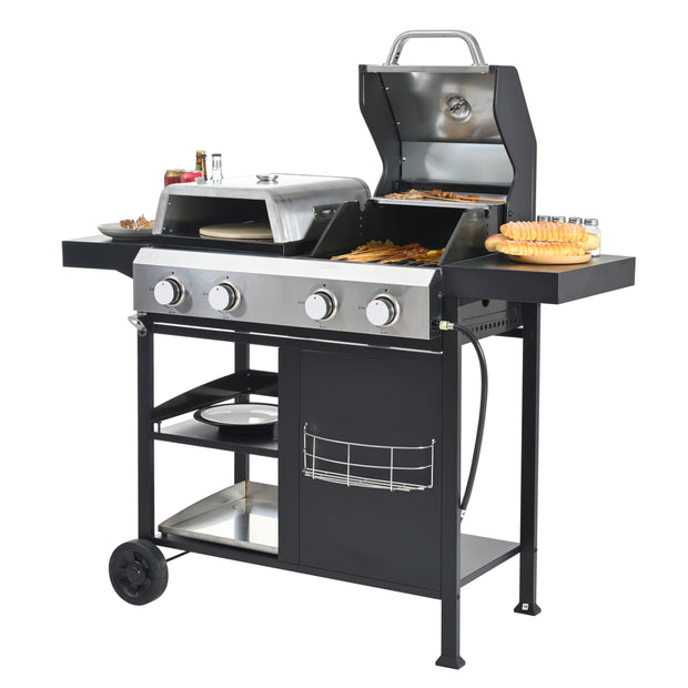 2+2 Combinación de parrilla de gas multifuncional y parrilla cubierta para cocinar al aire libre: barbacoa, barbacoa, pizza