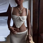 Conjunto de falda de dos piezas de punto de crochet Y2K para mujer, camisola de cuello cuadrado, falda a la cadera, top de tubo sin tirantes con aberturas, falda maxi ajustada de cintura baja, atuendo