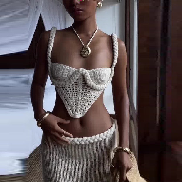 Conjunto de falda de dos piezas de punto de crochet Y2K para mujer, camisola de cuello cuadrado, falda a la cadera, top de tubo sin tirantes con aberturas, falda maxi ajustada de cintura baja, atuendo