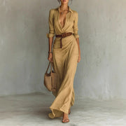 Vestido largo irregular con cinturón, elegante y a la moda, con solapa y botones, de manga larga, ideal para ir a la oficina a diario.