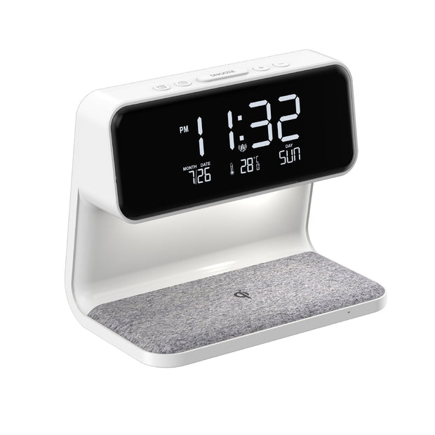 Lámpara de noche creativa 3 en 1 con carga inalámbrica y pantalla LCD, reloj despertador y cargador de teléfono inalámbrico.