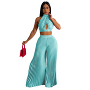 Conjunto de dos piezas de pantalón ancho plisado con efecto seda y cuello halter para mujer