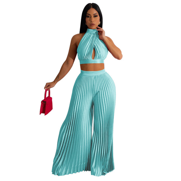Conjunto de dos piezas de pantalón ancho plisado con efecto seda y cuello halter para mujer